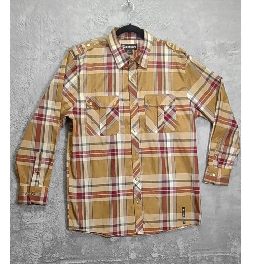 Red Ape Mens Plaid Button Down Gold Buttons Long Sleeve Dress Shirt Size 2XL MCM
